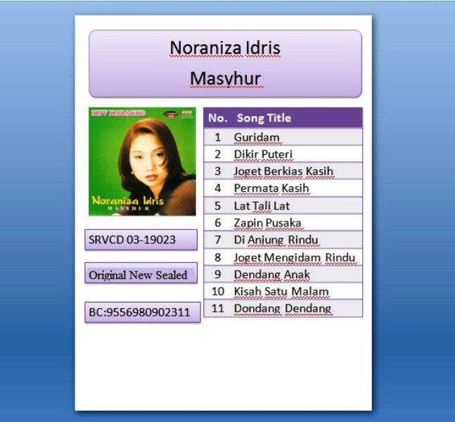 Noraniza Idris Masyhur VCD MTV Karaoke Original Artist New And Sealed
