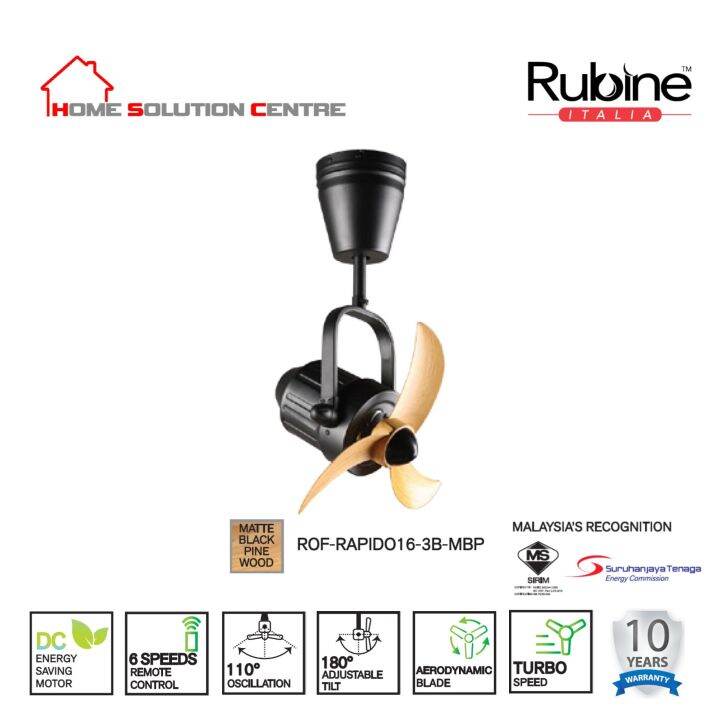 Rubine Ceiling Fan ROFRAPIDO163B 16inch DC Motor 6 Speed RF Remote