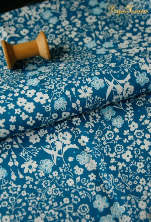 ดอกไม้สีฟ้าน้ำหยกผ้าคอตตอนบริสุทธิ์ทำเสื้อตุ๊กตาเสื้อผ้าชุดเดรสผ้าแบบทำมือ140x50cm-แบบ-diy