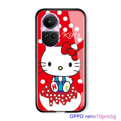 Serpens เคส OPPO Reno10 Pro 5G การ์ตูนสำหรับเด็กผู้หญิง Kity เคสแมว KT ปลอกฝาหลังกระจกนิรภัยมันวาวแมว