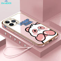 เคสโทรศัพท์ ZeroQiQi สำหรับ iPhone 15 Plus 15 Pro 15 15 Pro Max เคสลายขอบสี่เหลี่ยมแพนด้าการ์ตูนน่ารักฟรีสายคล้องชุบเคสโทรศัพท์สาวๆเคสโทรศัพท์นิ่มสุดหรู