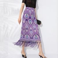 2023 Hot Miyake Temperament Printed Tassel Pleated Retro Skirt Womens Summer New Versatile Slim Elastic Waist A-Line Skirt