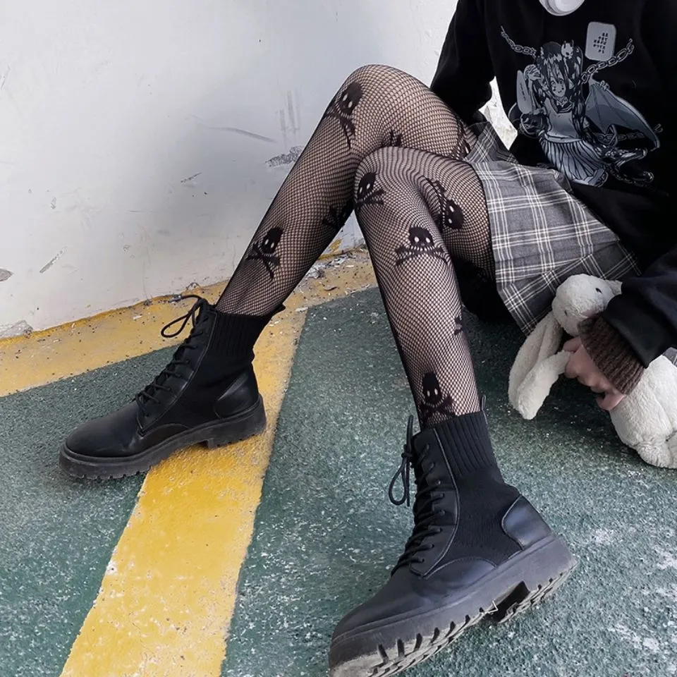 Gothic Tights Women Leggings Lolita Hollowed Out Mesh Body Stockings  Japanese Bottomed Lace Pantyhose Skull Pu Black Hosiery