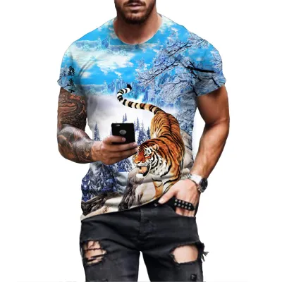 เสื้อยืดฮาราจูกุโอเวอร์ไซส์แฟชั่นพิมพ์ลาย3D รูปใบหน้าสิงโตเสือแบบหลวมสำหรับฤดูร้อน