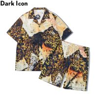 Dark Icon พิมพ์เสื้อฮาวายและกางเกงขาสั้น,ชุดชายหาดวันหยุดฤดูร้อน