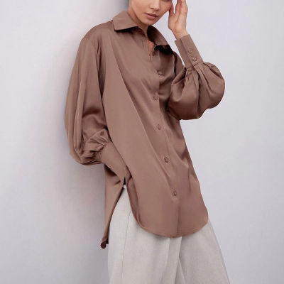 Women Fashion Elegant Light Brown Satin Polo Neck Shirts 2022 Spring Female Casual Solid Lantern Sleeve Single Breasted Blouses