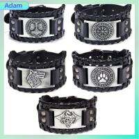 ADAM นอร์ส สร้อยข้อมือไวกิ้ง วินเทจ หนังพียู สร้อยข้อมือแบบกว้าง พร้อมสายรัดข้อมือ โลหะสำหรับตกแต่ง กำไลข้อมือกำไล สำหรับผู้ชาย