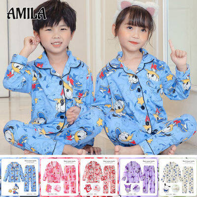 AMILA ชุดอยู่บ้านแขนยาวชุดนอนเข้าชุดลายการ์ตูนน่ารักสำหรับเด็ก,เสื้อแขนยาว + กางเกงขายาวแฟชั่นสำหรับเด็กผู้ชายและเด็กผู้หญิง