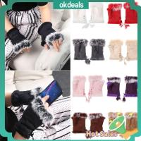 OKDEALS Women Lady Winter Suede Leather Rabbit Fur Winter Glove Fingerless Gloves Wrist Mitten