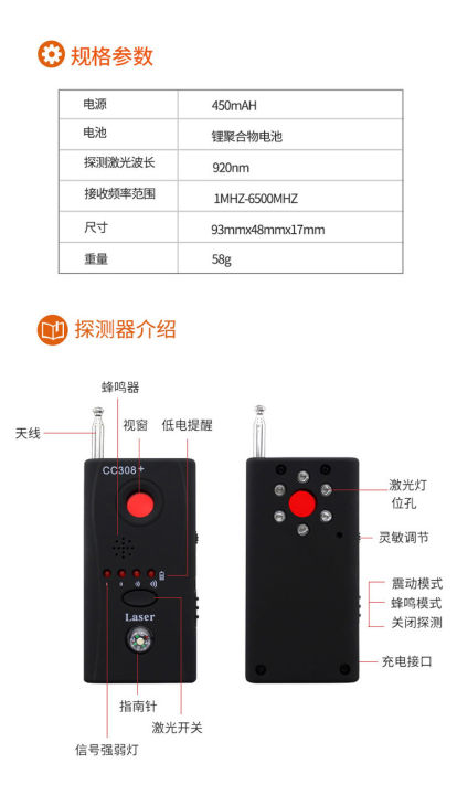 cc308-เครื่องตรวจจับกล้องป้องกันการดักฟัง-gps-เครื่องตรวจจับสัญญาณไร้สายโรงแรมป้องกันการแอบถ่าย-usb