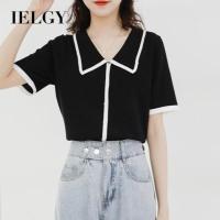 IELGY เสื้อสเวตเตอร์ถักสตรี,เสื้อคอปกสีตัดกันแขนสั้นทรงหลวมแบบบางสำหรับฤดูร้อน