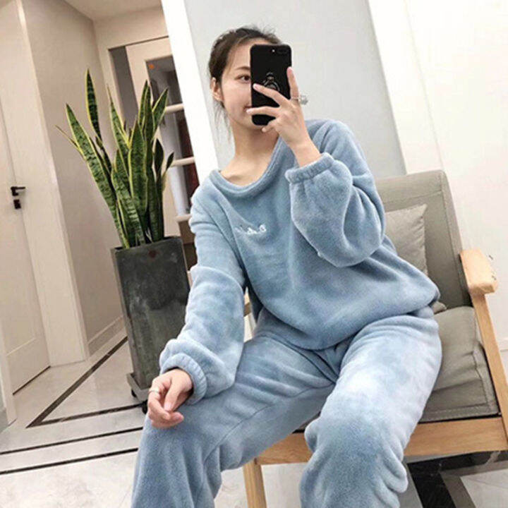 women-pajamas-set-winter-warm-flannel-pajamas-homewear-thick-female-sleepwear-plush-pyjamas-suit-sweatshirt-hoodies-solid-color