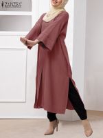 ZANZEA Casual Long Sleeve Muslim Blouse Women Vintage Split Solid Islamic Clothing 2023 Stylish Holiday Party Turkey Tunic Tops