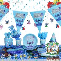❐✽ﺴ Disney Stitch Theme Party Supplies Disposable Tableware Paper Cups Plates Napkins Banner Kids Birthday Party Decor Baby Shower