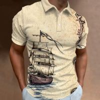 【CC】♕●☏  Sailboat Pattern Print Down Collar Mens Polo Shirt Oversized Short Sleeve Trend Men Clothing