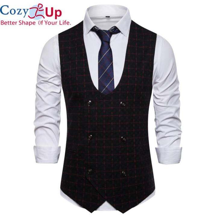 Cozy Up Men's Sleeveless Suit Vest British Style Double Breasted Check