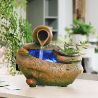 Tabletop Fountain Indoor Water Led Desk Fountain Automatic Pump Indoor Waterfall Fountain Succulent Plant Pot Stone Base