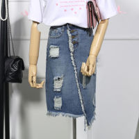 Skirts Women Hole Denim Irregular Single Breasted Zipper Tassel Edging Womens Elegant Fashion Female Chic All-match Casual Daily