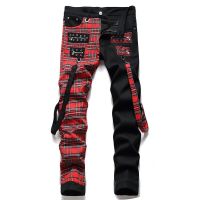 ลายสก๊อตสีแดง Patchwork Punk ซิปผู้ชายดินสอกางเกงยีนส์กางเกง Y2K หัวเข็มขัด Hip Hop Gothic Slim Denim กางเกง Pantaloni Uomo