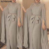 【YF】 Gray Mother Of The Bride Dresses 2023 Wedding Party Long Sleeves Chiffon Pleated Beading Formal Night Vestido De Festa