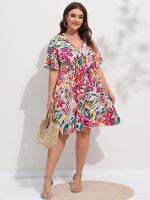 【HOT】❍☎ Finjani Floral Print Flutter Sleeve Smock Woman 2023 Size Deep V-neck Knee Length Skirt