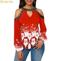 《Danqing family》 SNAKE YX Women 39; S Christmas Day Print Off Shoulder Halter Long Sleeve Loose Top T Shirt