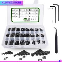 KLOMKZ 900Pcs M2 M3 M4 สกรูฝาครอบซ็อกเก็ตหัวปุ่ม HEX เหล็กอัลลอยเกรด10.9 สีดำสีดำ ชุดแหวนรองน๊อตและน๊อต พร้อมประแจหกเหลี่ยม ประเภทสกรูเมตริก เครื่องจักรความแม่นยำสูง