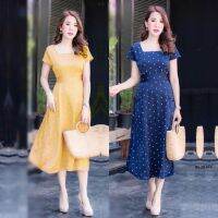 J8639 Dress เดรส คอเหลี่ยม ลายจุด ผูกเอว