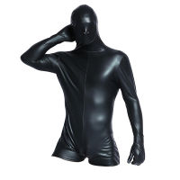 ผู้ชายเซ็กซี่สีดำ PVC Latex Catsuit กับหน้ากาก PU Faux หนังบอดี้สูทเกย์เร้าอารมณ์ Fetish ซิป Jumpsuit ปาร์ตี้ Night Club Wear