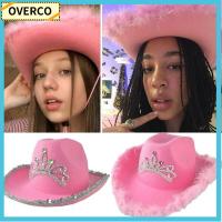 OVERCO แฟชั่นสำหรับผู้หญิง มงกุฎมงกุฎดอกไม้ ไวลด์ หมวกคาวบอยสีชมพู West Cowgirl ชุดแฟนซี หมวกขนปุย