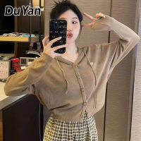 DU YAN เสื้อฮู้ดแขนยาวทรงหลวม,ฉบับภาษาเกาหลีฮู้ดสั้นพิมพ์ลายน่ารักเสื้อกันหนาวแบบถักสีทึบใส่ได้หลายโอกาส