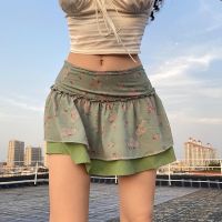 【LZ】ﺴ❐❐  Saia boho floral plissada feminina babado de cintura baixa saia curta vintage doce grunge estético roupa Fairycore Kawaii moda