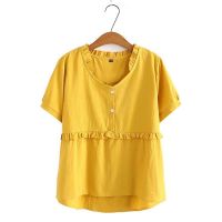 【มีไซส์ใหญ่】Plus Size XL-5XL Womens Full Cotton Summer Blouse Short Sleeve Vintage Tops Large Size Solid Color Top