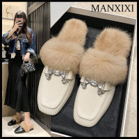 MANXIXI รองเท้าโลฟเฟอร์แฟชั่นสำหรับผู้หญิงไข่มุกขนกระต่ายอุ่นสวยงามล่อรองเท้าส้นเตี้ย (ขนาด35-40)