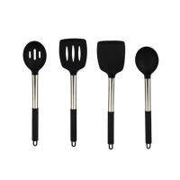 4pcs Heat Resistant Restaurant Mixing Scratch Free Fried Home Nonstick Cooking Utensils Black Large Solid Slotted Baking Kitchen Silicone Spoon Spatula