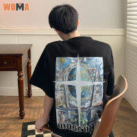 WOMA เสื้อยืดผู้ชาย เสื้อยืดแขนสั้นพิมพ์คอกลม Church Cross เสื้อเรโทรถนนสูง