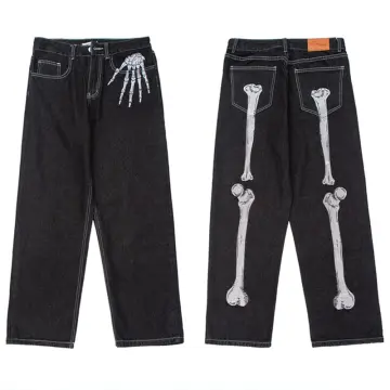 Hot Trendy Black Baggy Jeans For Men Y2k Clothes Fashion Skeleton