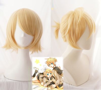 [Cos imitation] Rin/len สั้นโกลเด้นทนความร้อนสังเคราะห์ผมเครื่องแต่งกายคอสเพลย์วิกผมติดตามรหัสฟรีวิกผมหมวก