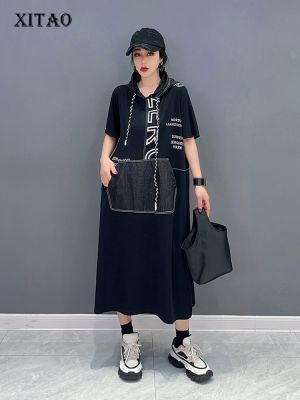 XITAO Black Casual Hooded Sweatshirt Dress Fashion Women