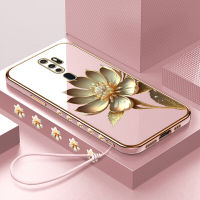 เคสป้องกันกล้องสำหรับ A9 OPPO 2020 A5 2020ฟรีสายคล้อง + ทองดอกบัวลวดลายขอบสี่เหลี่ยมเคสโทรศัพท์ชุบหรูหราชุบเคสโทรศัพท์นิ่ม