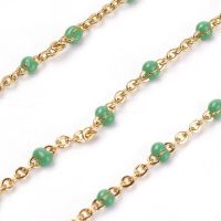 1m 3.28 Feet Handmade Enamel Beaded Chains Brass Cable Chains Long-Lasting Plated Soldered Golden Spring Green 1.5mm