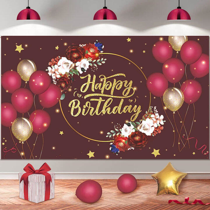 Gold Happy Birthday Backdrop Banner Floral Photography Background for
