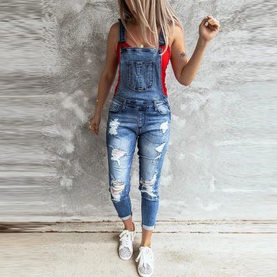 Jean Hole Jumpsuits Fashion Women Ladies Baggy Denim Jeans Bib Full Length Overall Solid Loose Causal Jumpsuit Pants Playsuit