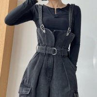 COD jfdss Personality Fashion Black Gray Denim Overalls Women Style Loose High Waist Slimmer Look Casual Harem Pants