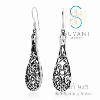 Suvani Jewelry - เงินแท้ 92.5% ต่างหูห้อยลายฟิริกรี ฉลุ ทรงหยดน้ำ สไตล์บาหลี ต่างหูเงินแท้