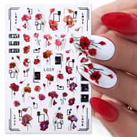 ❁✼ Red Flowers 3D Nail Sticker Love Letters Colorful Butterfly Leaf Flowers Line Pattern Nail Decals DIY Manicure