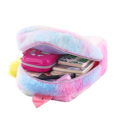 cute bag store Rainbow Fluffy Unicorn Backpack Plush Back To School Rucksack Zipper Bag