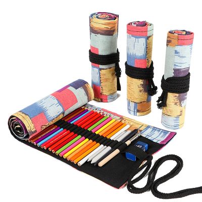 ↂ♝ 12/24/36/48 Holes Pencil Case Roll Colored Kawaii School Students Art Pen Bag Girls Boys Cute Large Pencil Cases Box Stationery