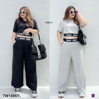 J18861 set #Bigsize 2 ชิ้น เสื้อครอปแขนสั้น แต่งขอบยาง + กางเกง Set of short sleeve crop top with rubber trim + pants