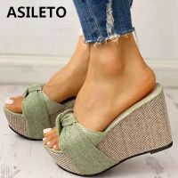 ASILETO Slip On Leisure Platform Summer Sandals 2021 Wedges High Heels Cloth Bowtie Women Shoes Mules Flip Flops Big Size 43